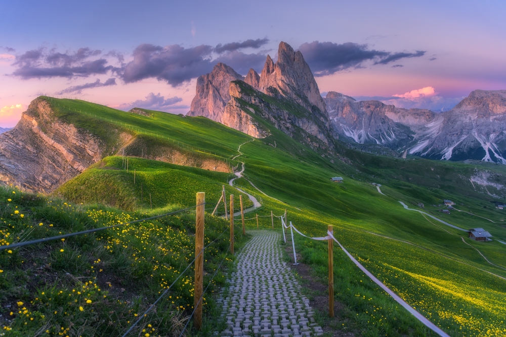 Seceda mountain at beautiful sunset in summer in Dolomites, Italy. 